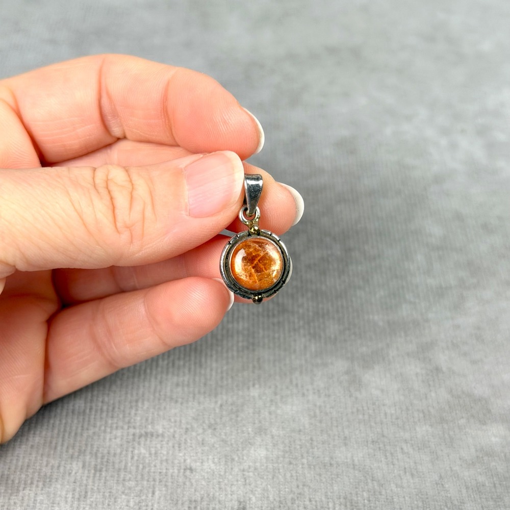Sterling Silver Sunstone Pendant 925 Round Orange Cabochon Gemstone Charm